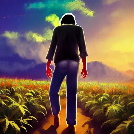 Image similar to bob marley walking though an infinite weed farm digital art, artstation, ultra detailed, beautiful aesthetic art