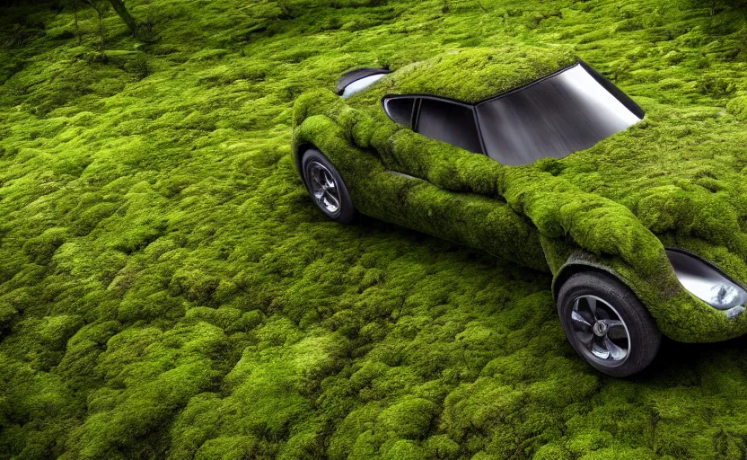 Image similar to car made of moss, luxury HD render, mossy sports car, cinematic, relaxing mossy material, moss covered car, 4k