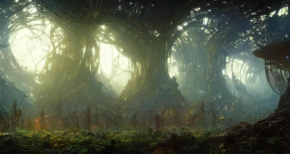 Image similar to Cyber space forest scene, Giant Aztec space city, fantasy, two moons lighting, intricate details ,by denis villeneuve, Ridley Scott, Greg Rutkowski and Alphonse Mucha