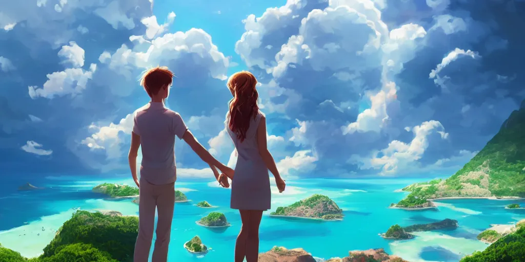 Prompt: a beautiful couple holding their hands on a cloud above emerald lagoon of Sint-Marteen with a marshall speaker with visible music coming from, CLOUD9 is written under the illustration, mattepainting concept Blizzard pixar maya engine on stylized background global illumination lighting artstation  lois van baarle, ilya kuvshinov, rossdraws