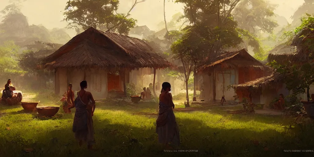 Image similar to kerala village, sharp focus, wide shot, trending on artstation, masterpiece by greg rutkowski by ross tran by fenghua zho