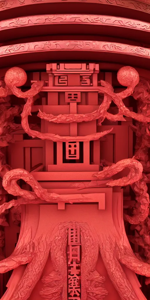 Image similar to 3 d render of a carved red torii gate sculpture, chrometype, made of liquid metal, neotribal with thorns and thunders, japanese temple, raytraced, volumetric lightning, 8 k, by zhelong xu, ouchh and and innate studio