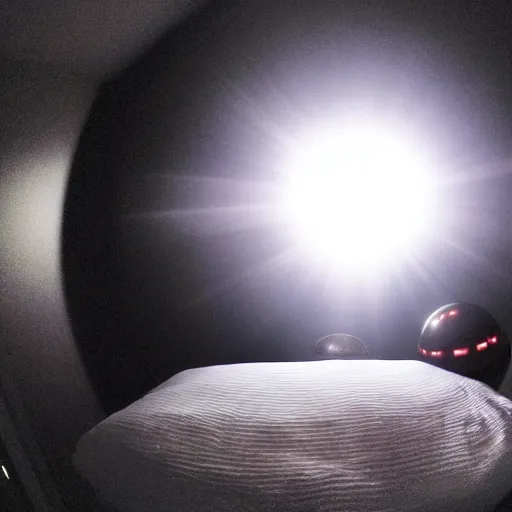 Prompt: Flash photography of first person fisheye perspective showing reflective sphere in dark bedroom, aliens, aliens real, grey aliens, alien abduction, UFO, real UFO, help me