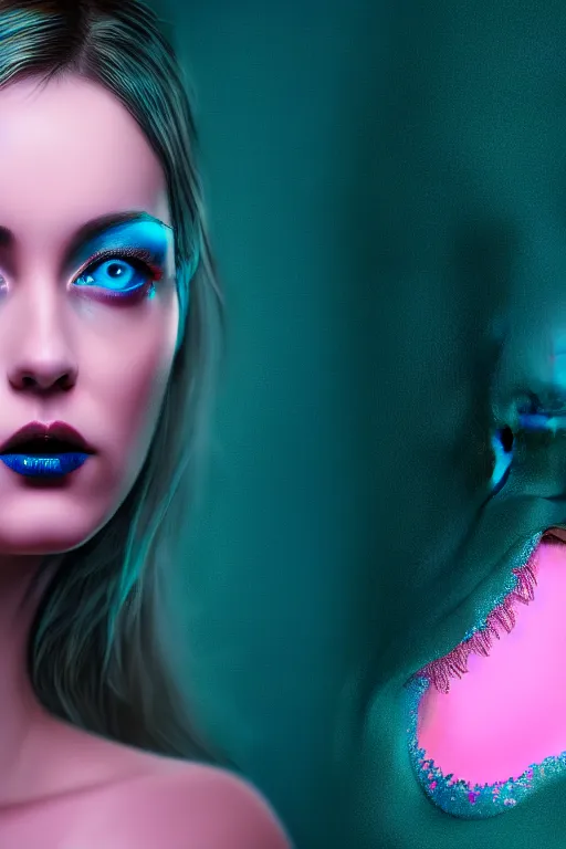 Prompt: hyperrealistic very detailed rococo profile of woman with pink eyes and jewel mouth matte painting concept art very dramatic dark teal lighting wide angle 35mm shallow depth of field 8k