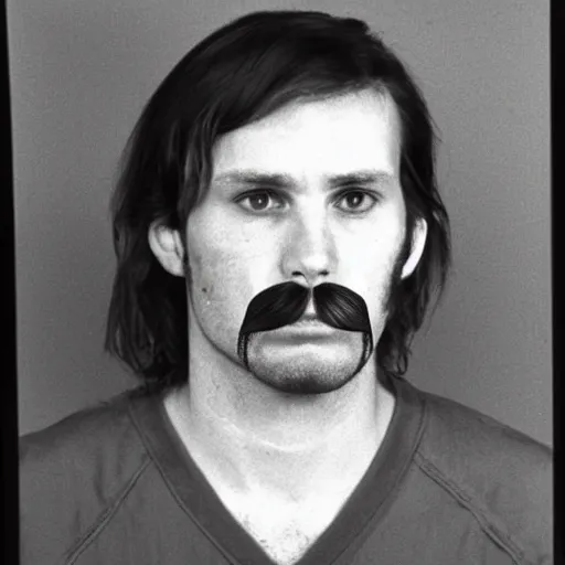 Image similar to A mugshot portrait of a man who looks like Jerma985 with short length wavy hair and a slightly receded hairline and bangs, has a mustache and wearing mid 1980s menswear in the late 1980s, taken in the late 1980s, grainy, realistic, hyperrealistic, very realistic, highly detailed, very detailed, extremely detailed, detailed, trending on artstation, front facing, front view, headshot and bodyshot, detailed face, very detailed face