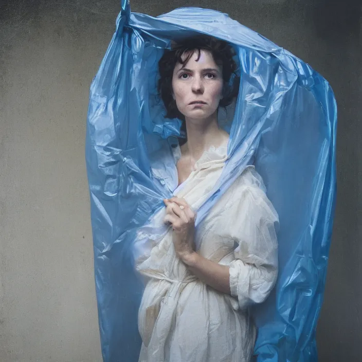 Prompt: closeup portrait of a woman wrapped in blue cellophane, standing in an abandoned cotton mill, color photograph, by vincent desiderio, canon eos c 3 0 0, ƒ 1. 8, 3 5 mm, 8 k, medium - format print