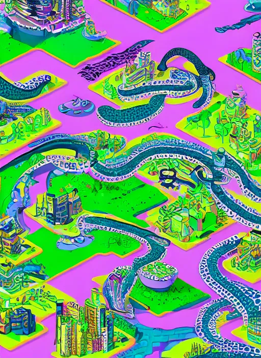 Prompt: isometric snake oil cityscapes islands, green and purple big waterfall, in the ornate snakelike swirled clouds, by krynski and Jeehyun lee