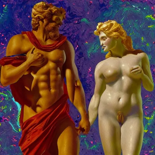 Image similar to a beautiful impasto oil painting of zeus and europa made by andy warholl, digital art