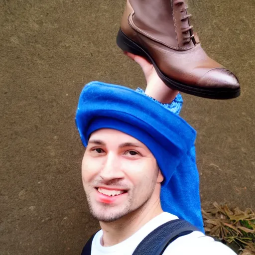 Prompt: Selfie of a man with a shoe on his head.