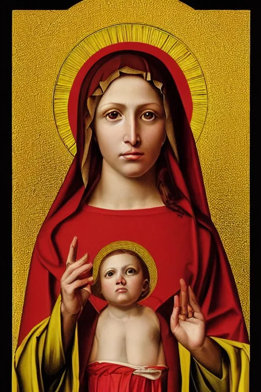 Prompt: hyperrealism portrait of virgin mary with bright yellow eyes and red skin, in style of classicism, hyper detailed