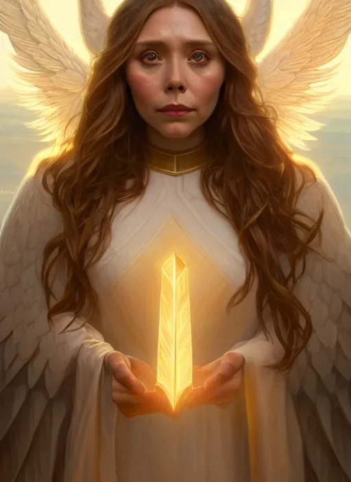 Prompt: portrait of elizabeth olsen as a angel, wings, bible, intricate, headshot, highly detailed, digital painting, artstation, concept art, sharp focus, cinematic lighting, illustration, art by artgerm and greg rutkowski, alphonse mucha, cgsociety