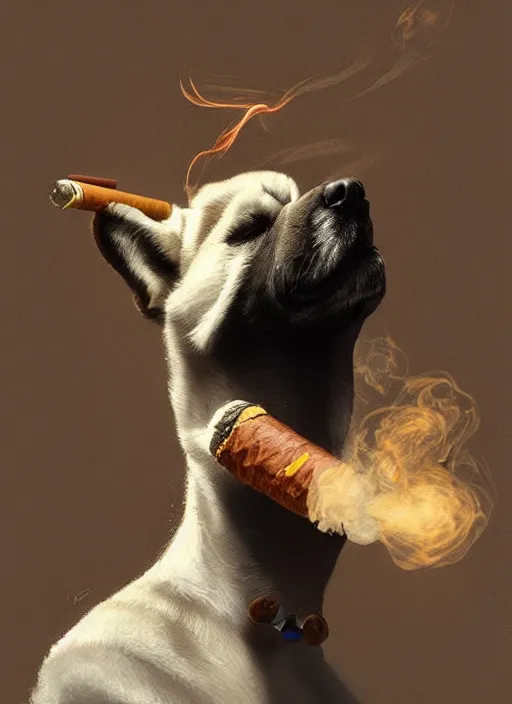 Image similar to Portrait of Shibu Inu smoking a cigar in his mouth blowing smoke, realistic, detailed, 4k by Greg Rutkowski Mark Arian trending on artstation