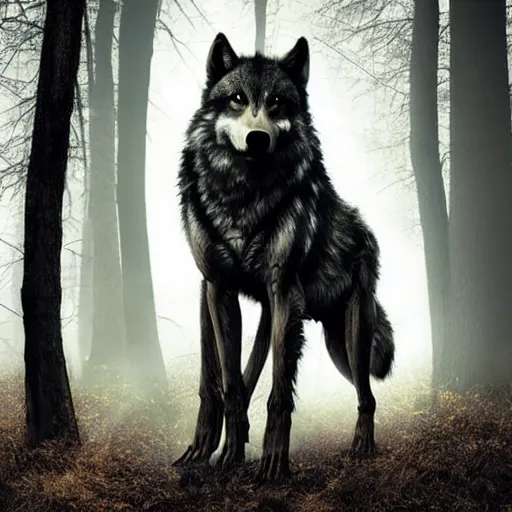 Prompt: werecreature consisting of human and wolf, photograph of dark forest