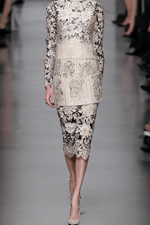 Prompt: valentino 2 0 1 3 floral, lace, geometric patterned, cybernetic fashion, dress, skirt & blouse