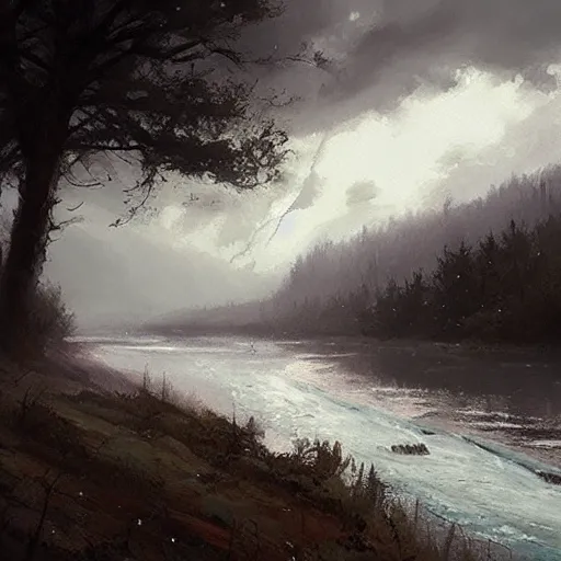 Prompt: river, thunder, intricate oil painting by greg rutkowski, trending on artstation