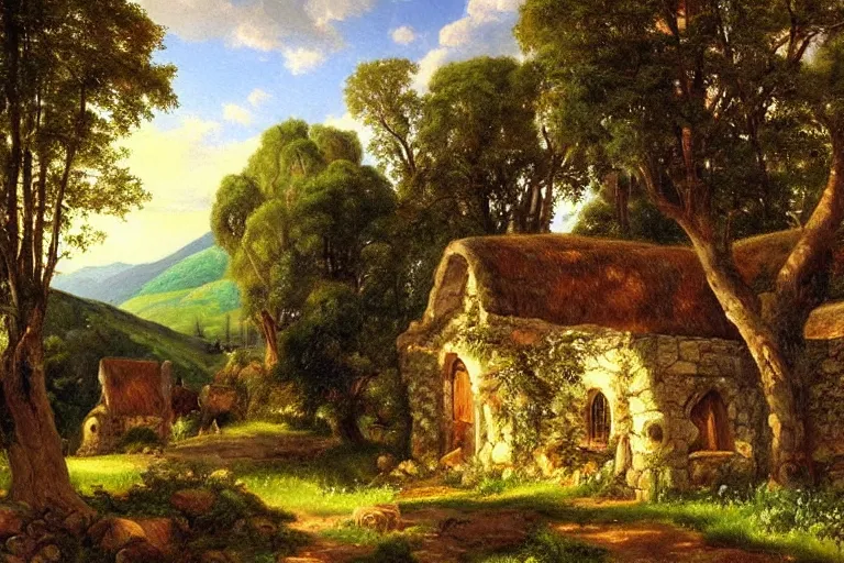 Image similar to asher brown durand oil painting on canvas of tolkien's the shire hobbiton