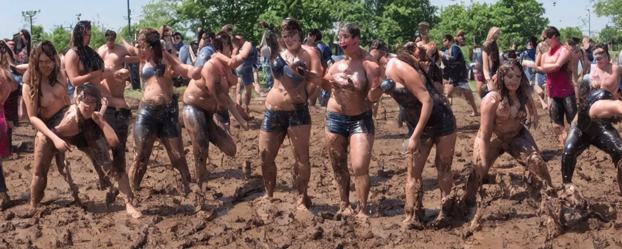 Image similar to feminists and anti - feminists engaged in an intense tactical water balloon fight and mud wrestling challenge as muscular men look on from the bleachers, in the style of marvel comics