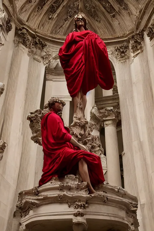 Image similar to a dramatic view of the sacrifice of the priest statue dressed with soft red silk fabric made in heavy marble, with few ornaments in shiny polished stone, sculpted by hedi xandt and antonio corradini