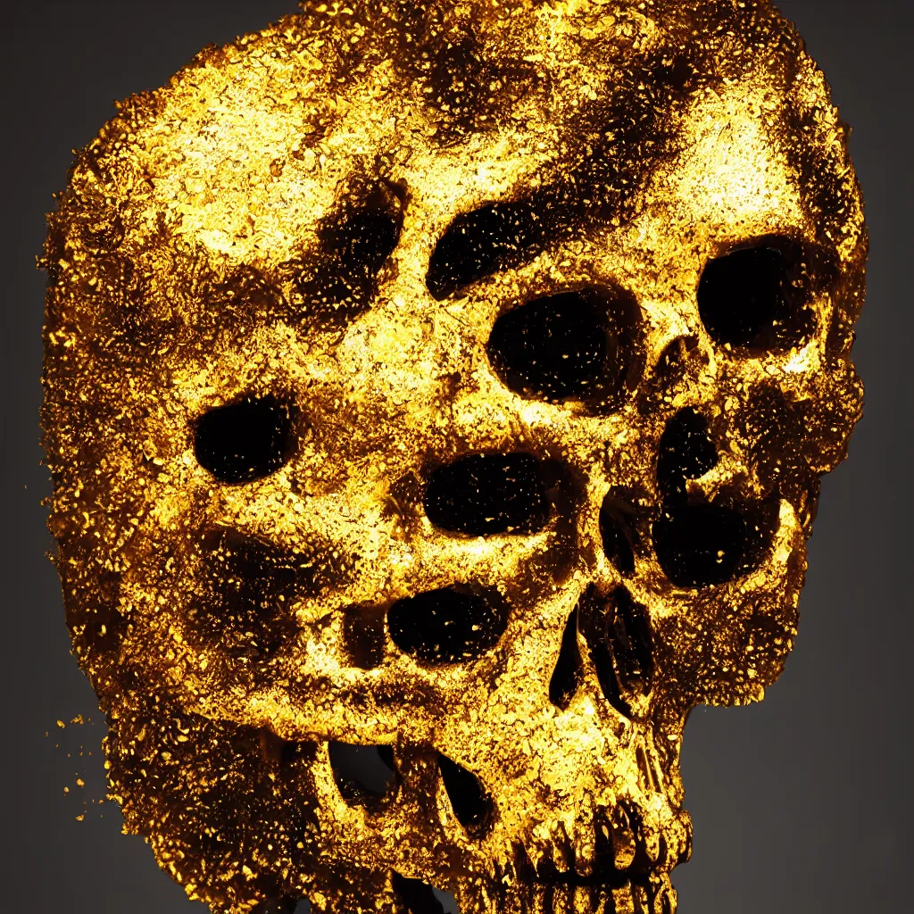 Prompt: black skull covered in thick dripping golden honey, golden hour, viscous, light rays, light bloom, bokeh, beautiful scene, white backdrop, professional studio product photography, HD render, octane render, VRAY, 8K, 4K