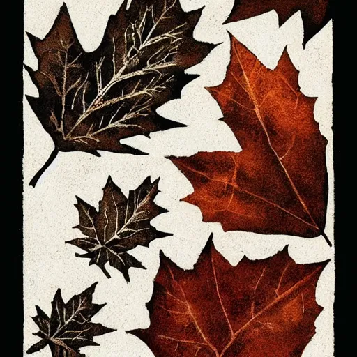 Prompt: fall leaves woodcut stamping by greg rutkowski