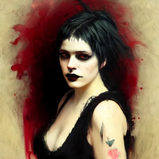 Image similar to Solomon Joseph Solomon and Richard Schmid and Jeremy Lipking victorian genre painting portrait painting of a young beautiful woman punk rock goth with punk rock haircut in fantasy costume, red background