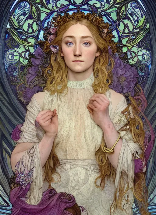 Image similar to Saoirse Ronan as God of Beauty, cute, fantasy, intricate, elegant, highly detailed, digital painting, 4k, HDR, concept art, smooth, sharp focus, illustration, art by alphonse mucha,artgerm, H R Giger