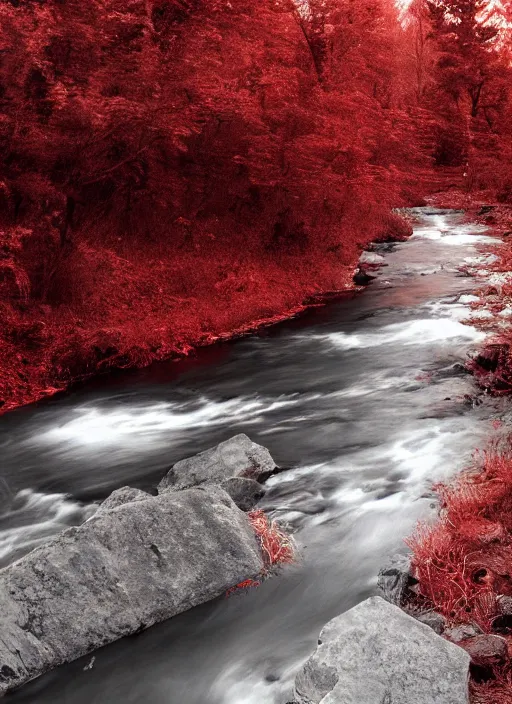 Image similar to dead river, red color, highly detailed, 8 k, artstation, beutifull, masterpiece