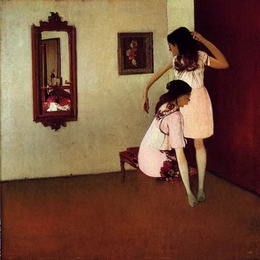Prompt: painting by Balthus, three women, red and white flowers, mirror