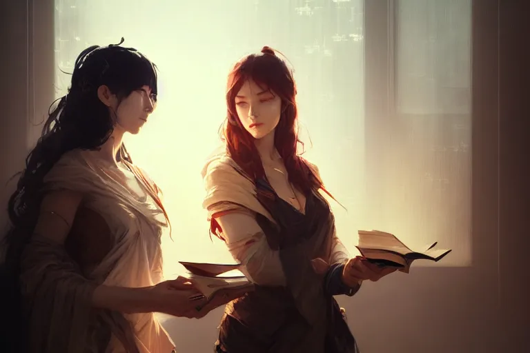 Prompt: portrait of two wise and very beautiful women discussing some texts, art by guweiz and greg rutkowski, intricate, elegant, highly detailed, smooth, sharp focus, artstation