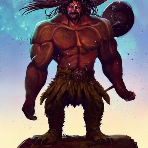 Prompt: a realistic full body portrait of Zaug, Slayer of hope, a combination of a beefy conan the barbarian and a warlock with a kind heart, in the background is a normal suburban backyard by Anato Finnstark, Jordan Grimmer, Ross Tran, and Vincent Di Fate Nausicaa