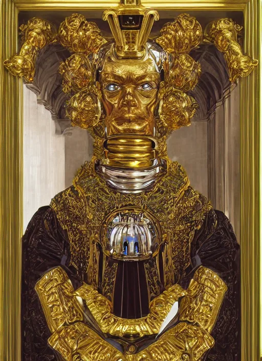 Image similar to a portrait of a shiny metallic renaissance robot, renaissance and baroque decorations, in the style of Jan van Eyck,