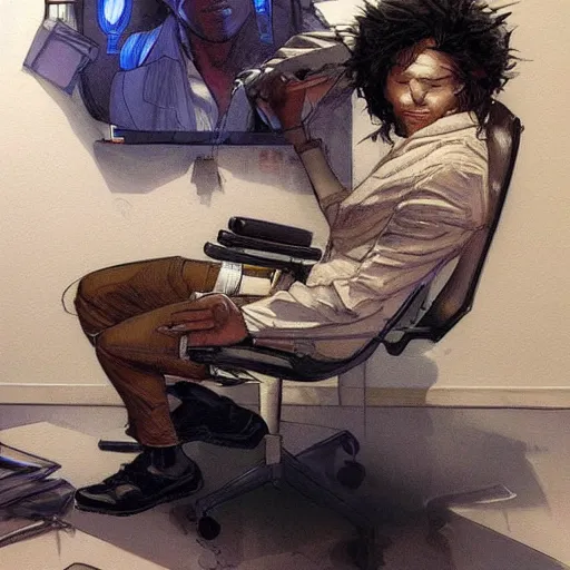 Image similar to a beautiful artwork of a young male scientist with black hair sitting on a chair at a desk by Jerome Opeña, featured on artstation