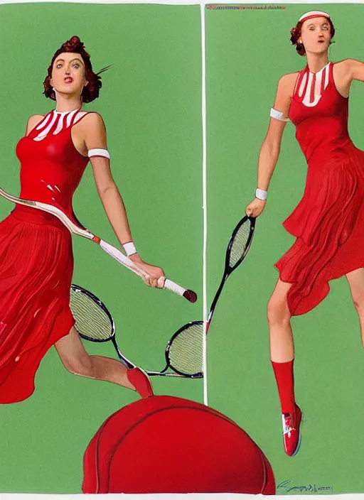 Prompt: copic maker art nouveau portrait of a russian girl playing tennis at high speed on a grass court wearing a futuristic red latex suit and a puffy skirt designed by balenciaga by john berkey norman rockwell