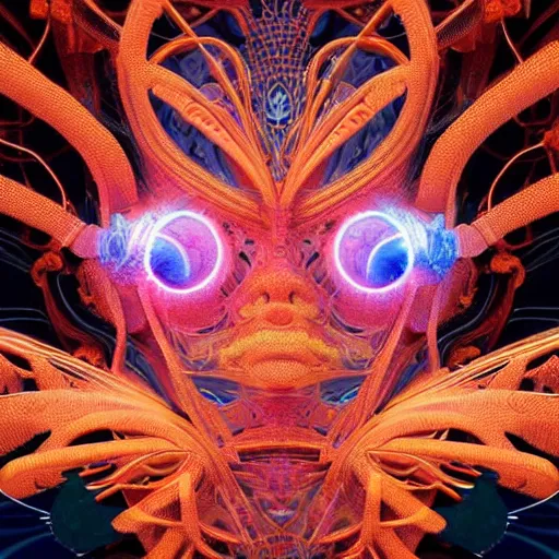 Image similar to Face of a Alien Deity, centered, corals, plume made of geometry, extremly detailed digital painting, sharp focus in the style of android jones, artwork of a futuristic artificial intelligence superstar with frames made of detailed circuits, mystical colors, rim light, beautiful lighting, 8k, stunning scene, raytracing, octane, under water visual distortion, dark tones colors, trending on artstation