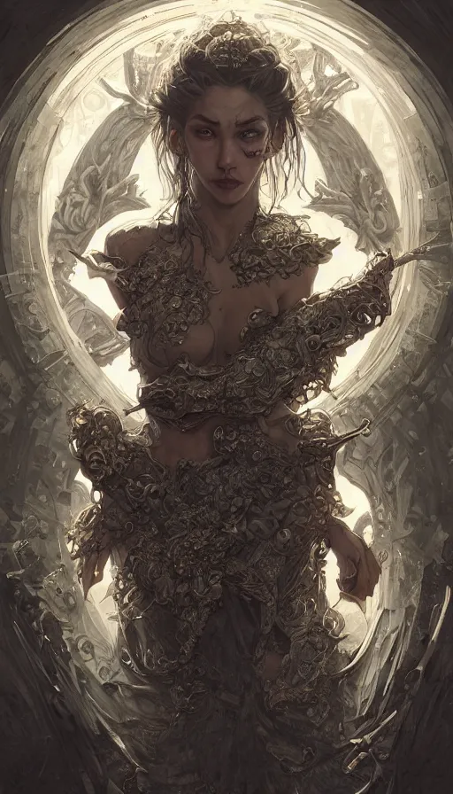 Image similar to motaro, fame of thrones, fibonacci, sweat drops, intricate fashion clothing, insane, intricate, highly detailed, surrealistic, digital painting, artstation, concept art, smooth, sharp focus, illustration, Unreal Engine 5, 8K, art by artgerm and greg rutkowski and alphonse mucha