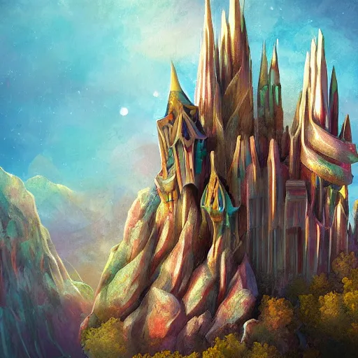 Prompt: cosmic palace sitting on a mountain in the sky by Antoni gaudi, digital painting, high resolution, artstation, cgrender