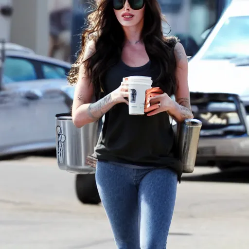 Prompt: Megan fox at Starbucks holding a tumbler