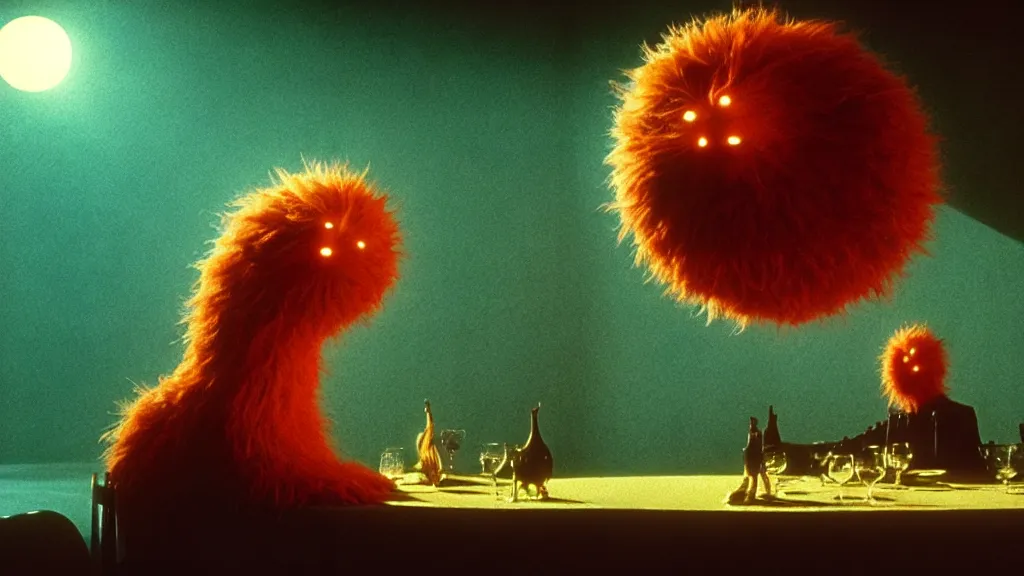 Image similar to the bright sun creature in the restaurant, film still from the movie directed by denis villeneuve and david cronenberg with art direction by zdzisław beksinski and dr. seuss