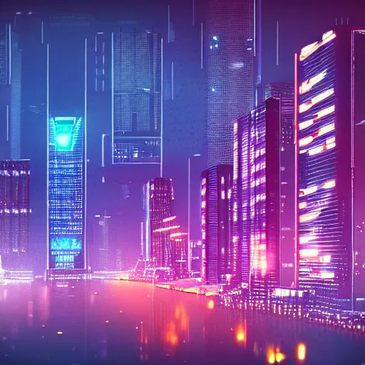 Image similar to Huge cyberpunk city with tall buildings and neon lights. HD.