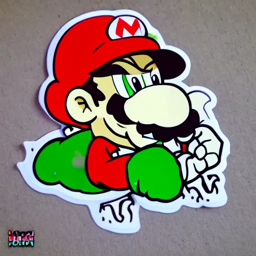 Image similar to die cut sticker, yoshi wearing mario's mustache, splatter paint