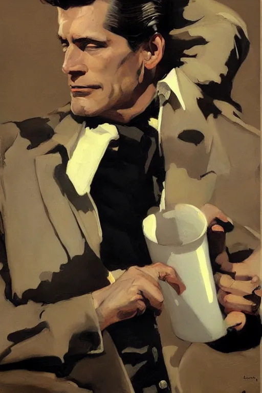 Prompt: coffee, dale cooper drowning in coffee, waves of black liquid, painting by jc leyendecker! phil hale!, lynchian!!!! ominious, dark lighting, angular, brush strokes, painterly, vintage, crisp