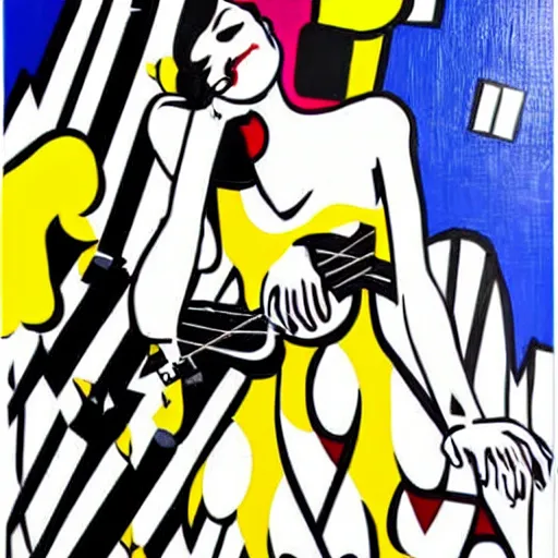 Image similar to Goth girl playing electric guitar by Mario Testino, oil painting by Roy Lichtenstein