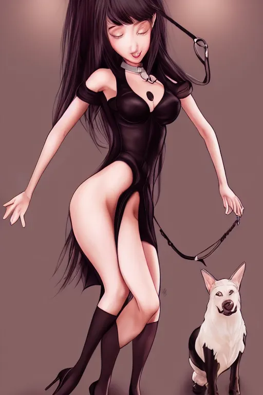 Prompt: Succubus in tight short dress, stockings, heels, dog collar and ponytail portrait, by artgerm, WLOP