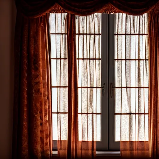Image similar to a detailed photograph of the outside of a house with curtains in the windows 8 k, highly detailed, editorial, someone is watching you from behind the curtain
