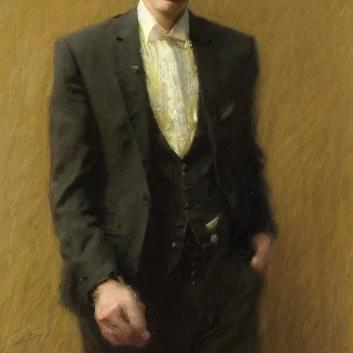 Prompt: detailed portrait of man in black suit, spring light, painting by gaston bussiere, craig mullins, j. c. leyendecker