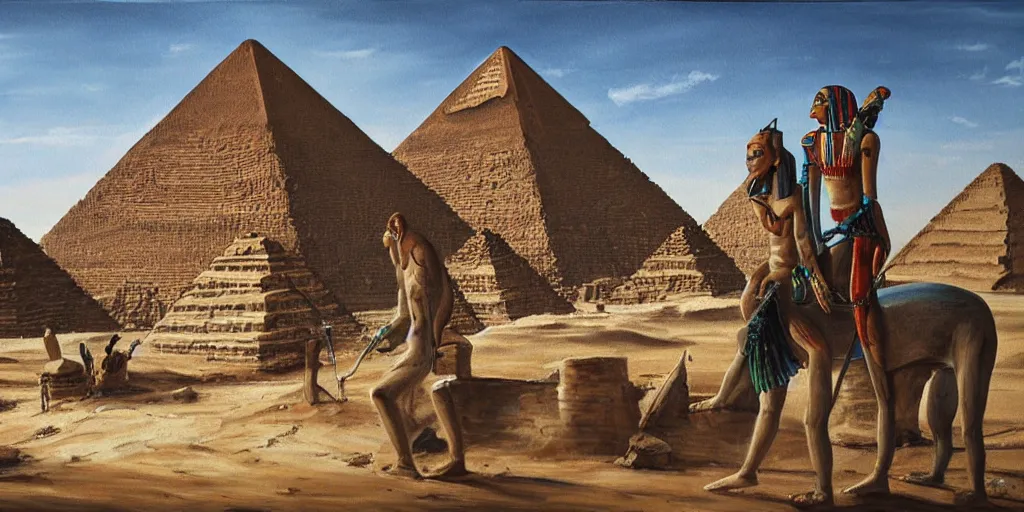 Prompt: extremely detailed painting of a prehistoric android working on an egyptian pyramid, daylight, sunny