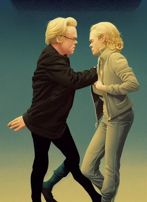 Prompt: poster artwork by Michael Whelan and Tomer Hanuka, Karol Bak of Naomi Watts & Philip Seymour Hoffman falling in love, from scene from Twin Peaks, clean, simple illustration, nostalgic, domestic, full of details