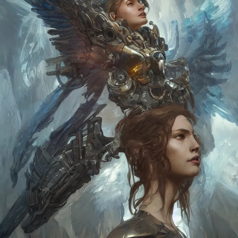 Prompt: scifi character portrait Painting of a stunning attractive heroine as a futuristic archangel character, dystopian mood, intricate, wild, highly detailed, digital painting, artstation, concept art, smooth, sharp focus, illustration, art by artgerm and greg rutkowski, and alphonse mucha