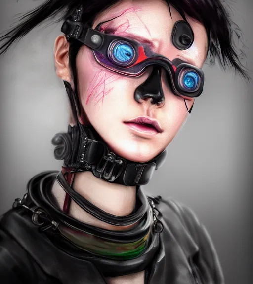 Image similar to detailed realistic female character cyberpunk wearing thick technological collar around neck, realistic, art, beautiful, 4K, collar, choker, collar around neck, punk, artstation, detailed, female, woman, choker, cyberpunk, neon, punk, collar, choker, collar around neck, thick collar, tight around neck, punk,