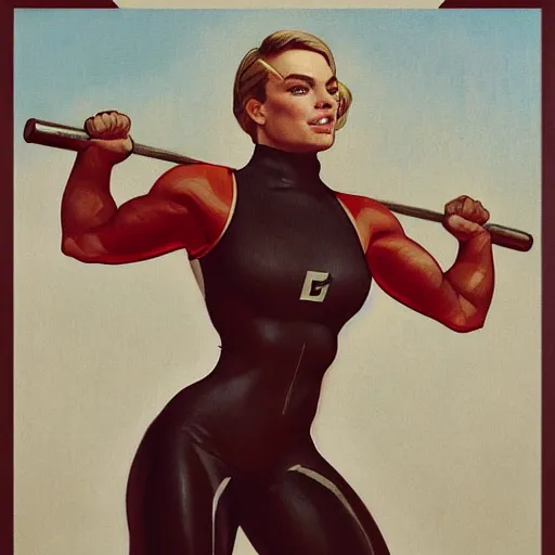 Prompt: socialist realism propaganda poster of margot robbie as beautiful female very muscular weightlifter from overwatch, portrait, profile picture, socialist realism, highly detailed, intricate, digital painting, artstation, sharp focus, illustration, art by jakub rozalski, greg rutkowski, artgerm, tan zi and ayanamikodon and alphonse mucha and wlop